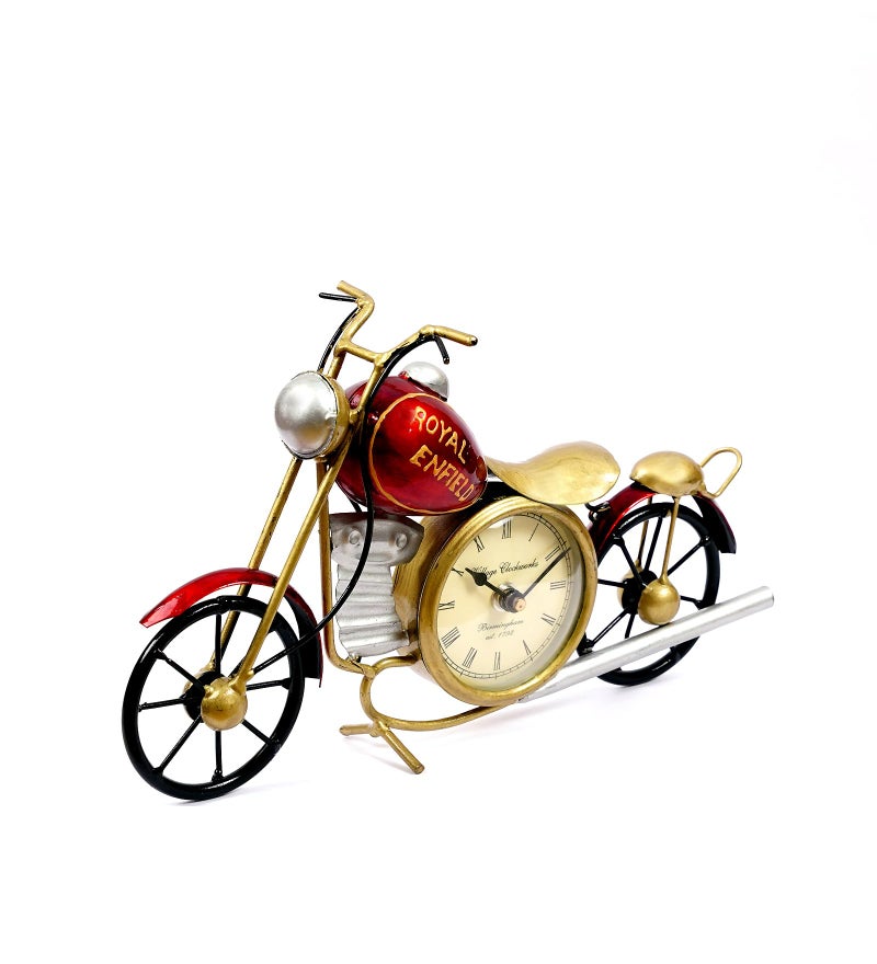 CRAFT TREE Metal Handpainted Decorative Bike Table Clock Showpiece | Vintage Motorcycle Design | Home & Office Decor | Red, Size: L12 x B3 x H7 Inches - Image 2