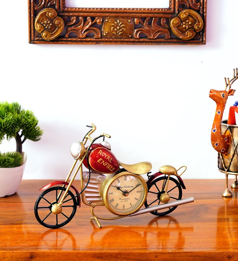 CRAFT TREE Metal Handpainted Decorative Bike Table Clock Showpiece | Vintage Motorcycle Design | Home & Office Decor | Red, Size: L12 x B3 x H7 Inches - Image 1
