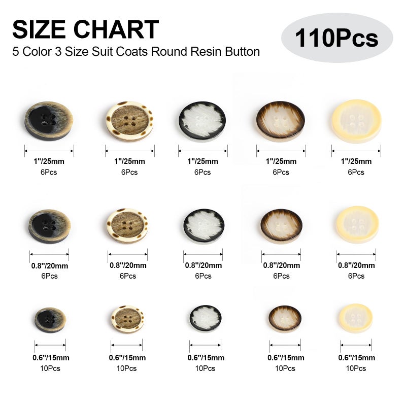 OELFFOW 110Pcs Mixed Sewing Buttons, 4-Hole Craft Round Blazer Buttons, 5 Color 3 Size (15mm, 20mm, 25mm) Suit Coats Resin Button, Suitable for Variety Clothing Sewing, DIY Craft (Style C) - Image 2