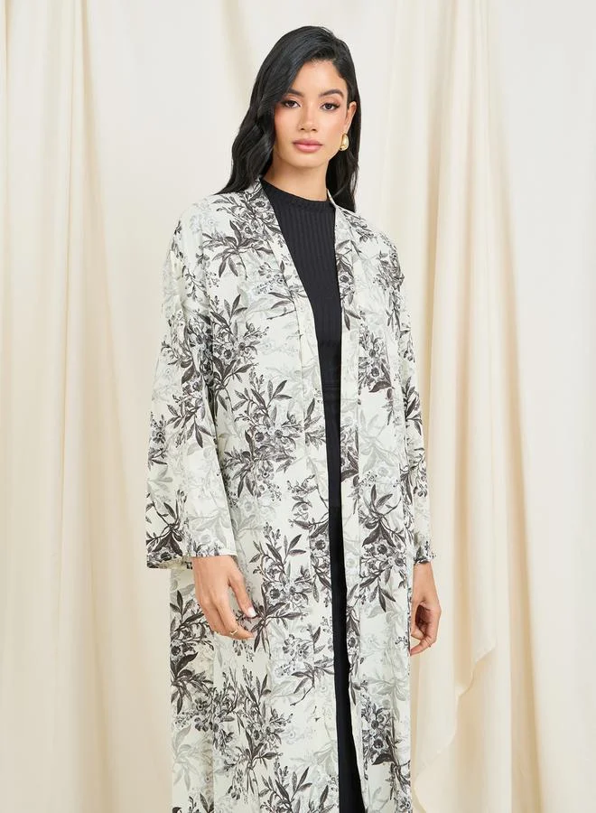 Styli All Over Floral Print Midi Kimono with Button Closure