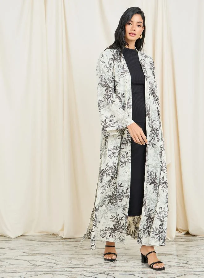 Styli All Over Floral Print Midi Kimono with Button Closure