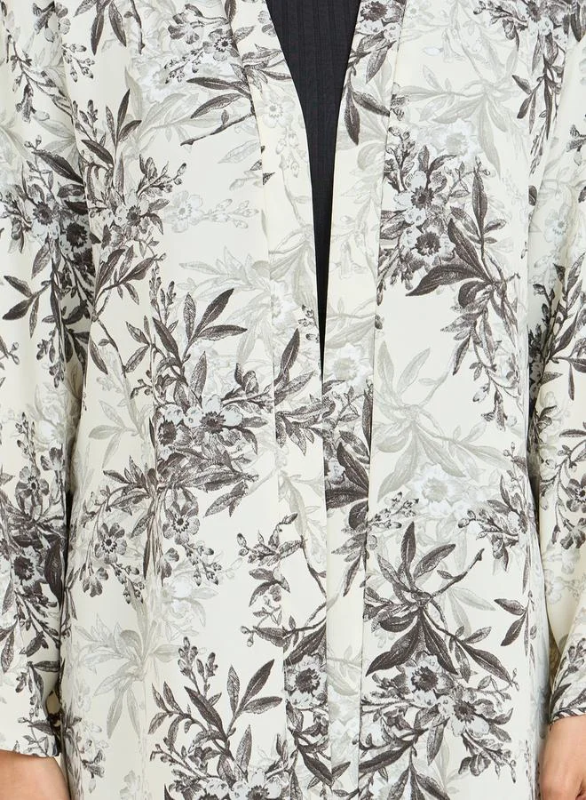 Styli All Over Floral Print Midi Kimono with Button Closure