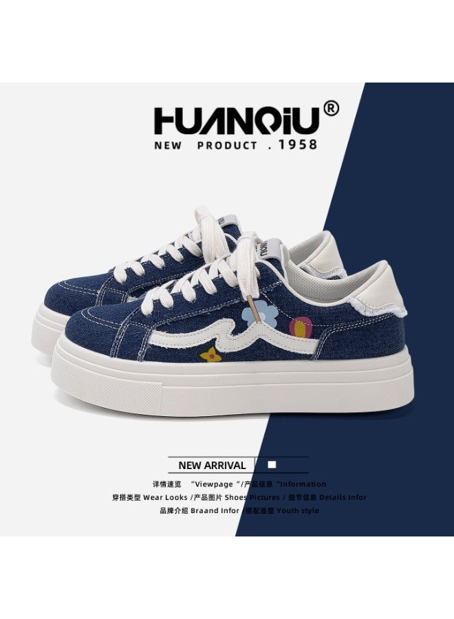 HUANQIU 1958 Denim Platform Sneakers Women's Cute Embroidered Casual Shoes New Arrival 36SIZE
