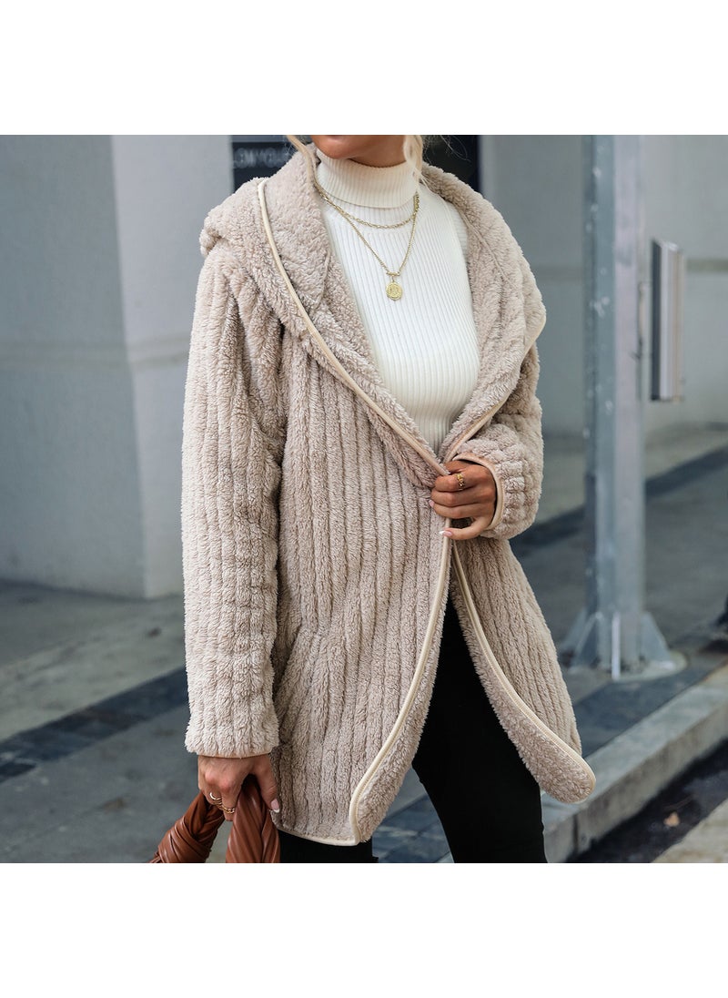 Generic - Velvet Hooded Open Cardigan Coat Light brown - Image 1