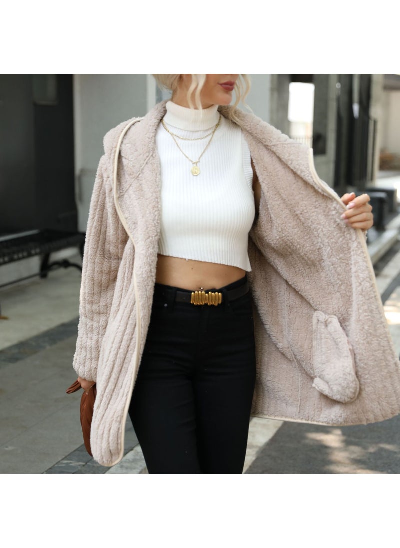 Generic - Velvet Hooded Open Cardigan Coat Light brown - Image 1