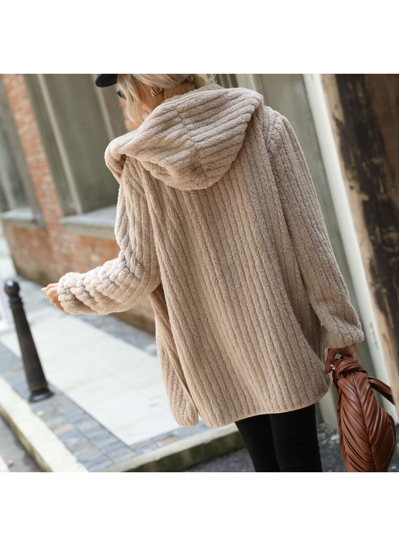 Generic - Velvet Hooded Open Cardigan Coat Light brown - Image 1