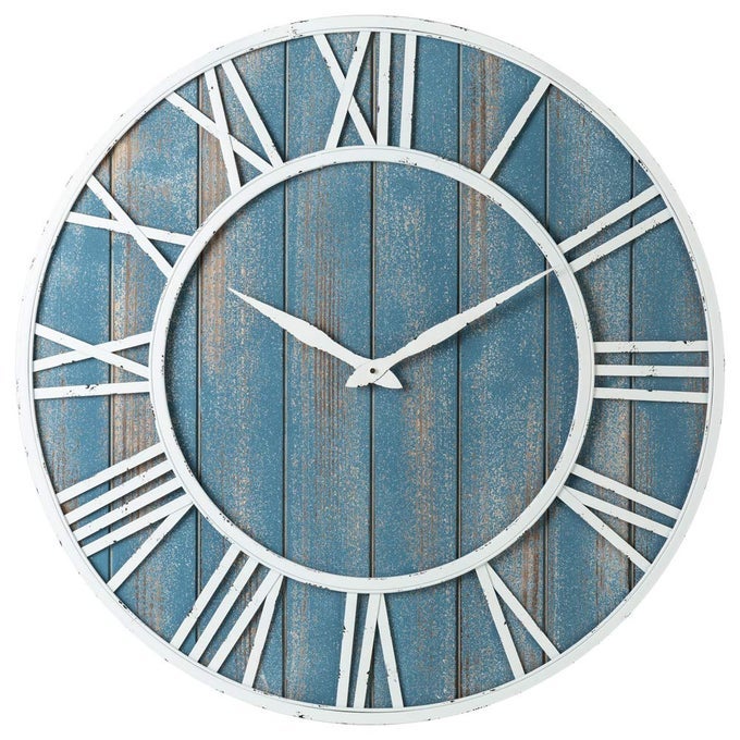 36 COASTAL WALL CLOCK METAL SOLID WOOD NOISELESS WEATHERED BEACH BLUE WALL CLOCK