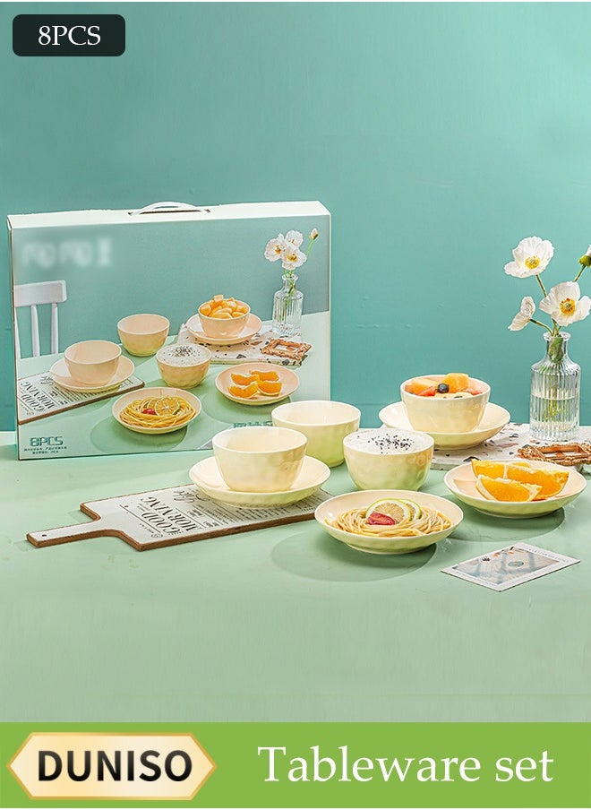 DUNISO 8-Piece Yellow Ceramic Bowl And Plate Set, Microwave Safe, Sauce Plate, Dipping Sauce Bowl, Serving Bowl, Stackable, Suitable For Dessert, Appetizer, Ketchup, Salad, Sushi, Noodles, Soup,Crockery Tableware Set，Ceramic Tableware  - Image 1