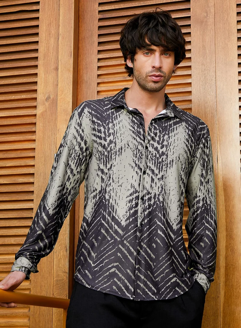 CAHOOT Men's Charcoal Black Abstract Regular Shirt For Casual Wear | Collared Neck | Long Sleeve | Button Closure | Polyester Blend Shirt Crafted With Comfort Fit For Everyday Wear