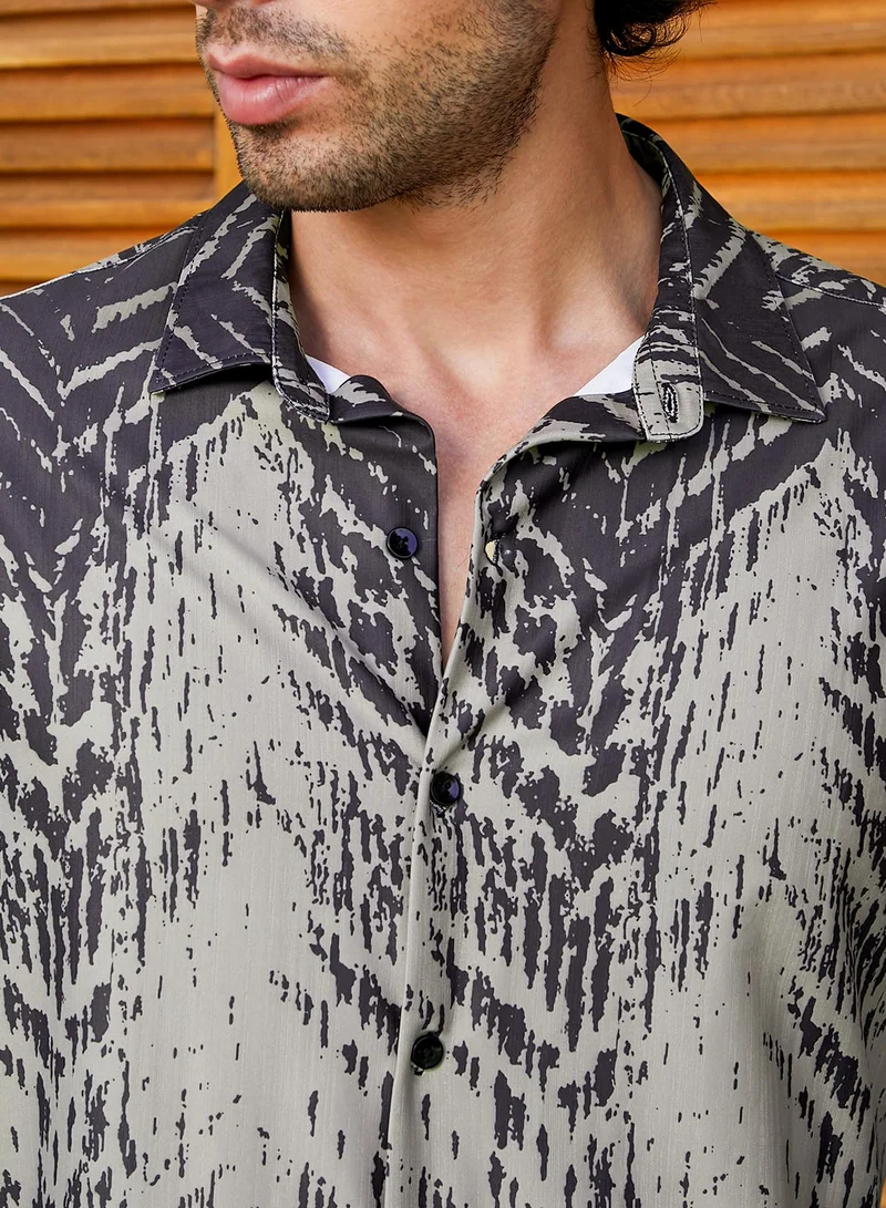 CAHOOT  Men's Charcoal Black Abstract Regular Shirt For Casual Wear | Collared Neck | Long Sleeve | Button Closure | Polyester Blend Shirt Crafted With Comfort Fit For Everyday Wear for Men | Best Price UAE