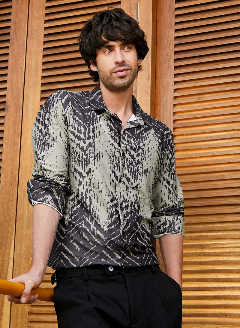 Men's Charcoal Black Abstract Regular Shirt For Casual Wear | Collared Neck | Long Sleeve | Button Closure | Polyester Blend Shirt Crafted With Comfort Fit For Everyday Wear
