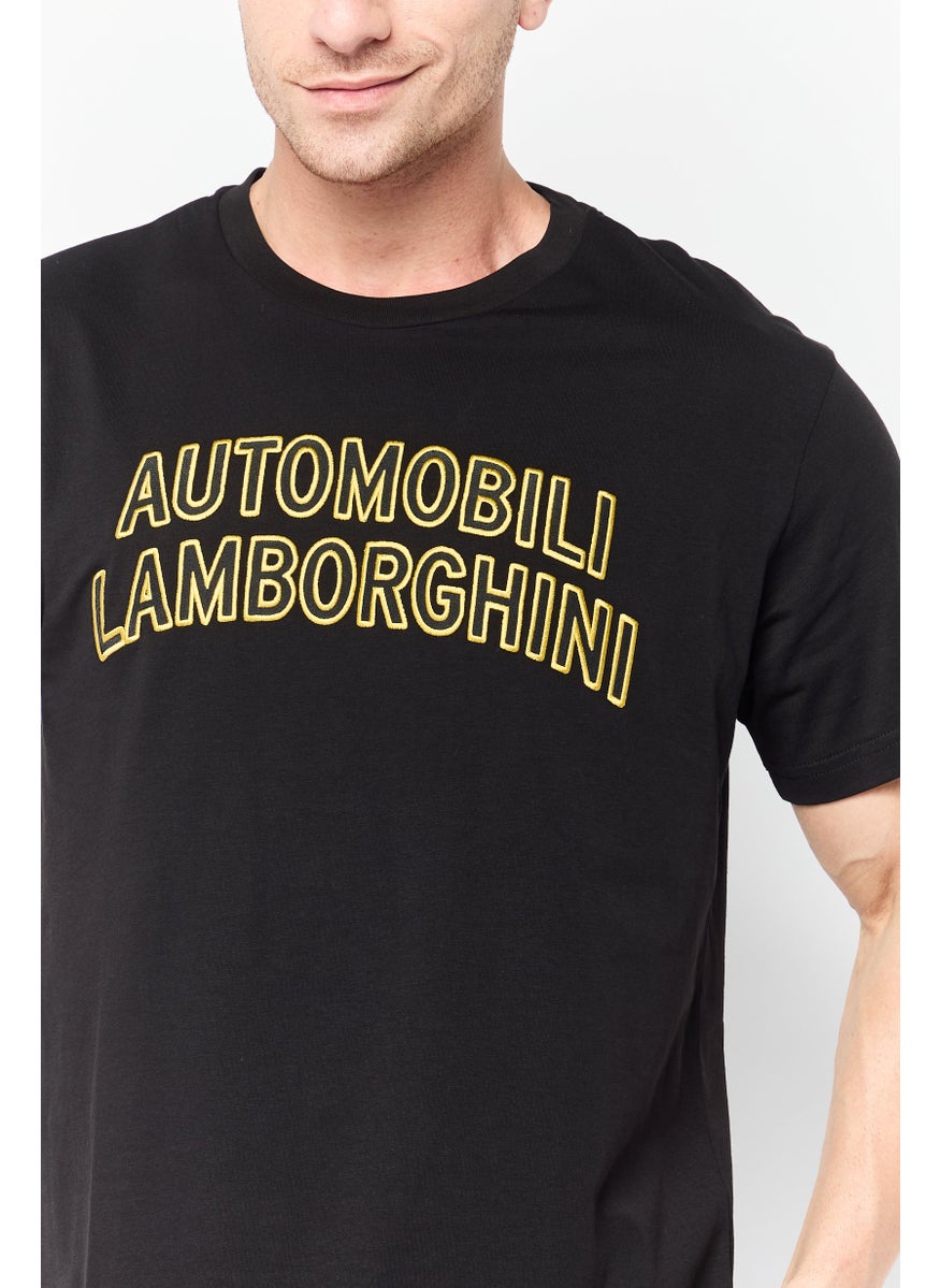 LAMBORGHINI Men Crew Neck Short Sleeves Embroidered Logo T-Shirt, Black  - Image 3