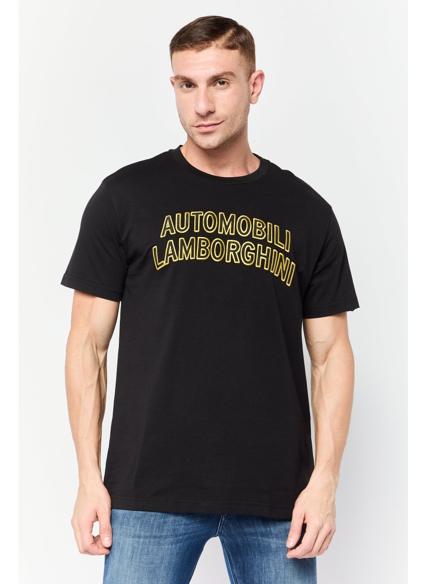 LAMBORGHINI Men Crew Neck Short Sleeves Embroidered Logo T-Shirt, Black  - Image 1