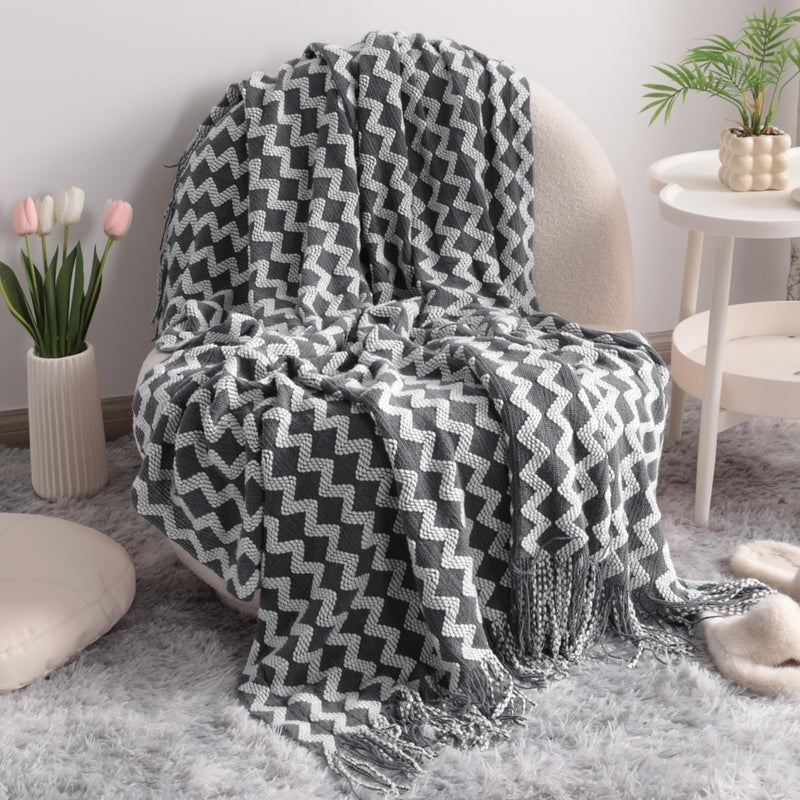NTBAY NTBAY Acrylic Knitted Throw Blanket Lightweight and Soft Cozy Decorative Woven Blanket with Tassels for Travel Couch Bed Sofa 51x67 Inches Grey Wave 