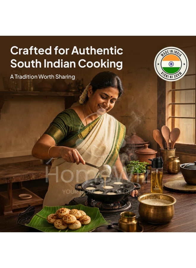 HomeWiz Cast Iron Appe Pan 9 Cavity 22 cm | Free Oil Dispenser 500ml | Pre-Seasoned Appe Maker for Appam, Paniyaram & Appe | Non Stick Appam Pan | Naturally Non-Stick | Works On Induction & Gas - Image 4