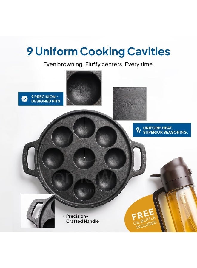 HomeWiz Cast Iron Appe Pan 9 Cavity 22 cm | Free Oil Dispenser 500ml | Pre-Seasoned Appe Maker for Appam, Paniyaram & Appe | Non Stick Appam Pan | Naturally Non-Stick | Works On Induction & Gas - Image 2