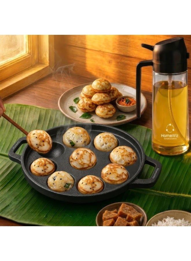 HomeWiz Cast Iron Appe Pan 9 Cavity 22 cm | Free Oil Dispenser 500ml | Pre-Seasoned Appe Maker for Appam, Paniyaram & Appe | Non Stick Appam Pan | Naturally Non-Stick | Works On Induction & Gas - Image 1