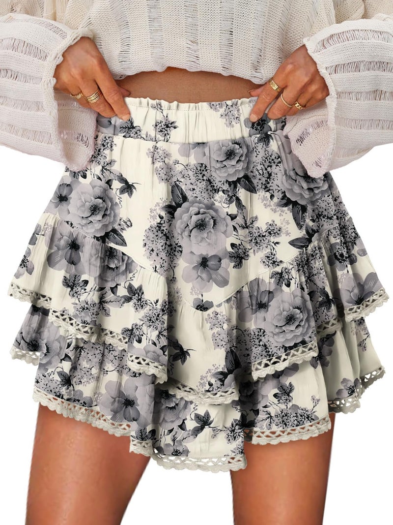 onlypuff Flowy Shorts for Women Ruffle Skorts Cute Mini Skirts Country Concert Outfits Coastal Cowgirl Coachella Outfits Tennis Skort Grey Rose L - Image 1