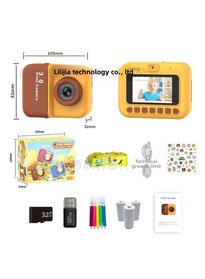 Generic Private Model Children's 3-inch Screen Print Camera Instant Portable HD Digital Camera-Color:Yellow + 32g + Card Reader (dual Lens Without Lens Cap)  - Image 1