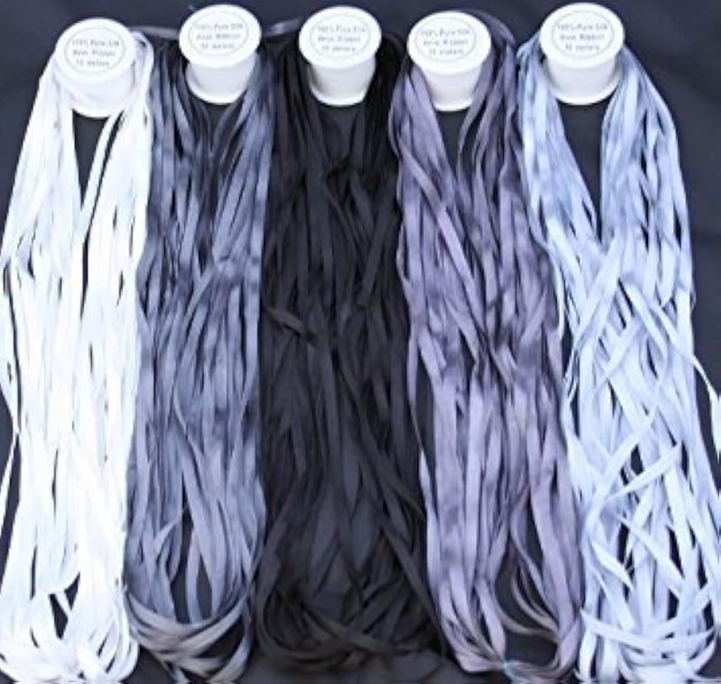 New ThreadNanny 5 Spools of 100 Pure Silk Ribbons  Grey Tones  50 MTS x 4mm