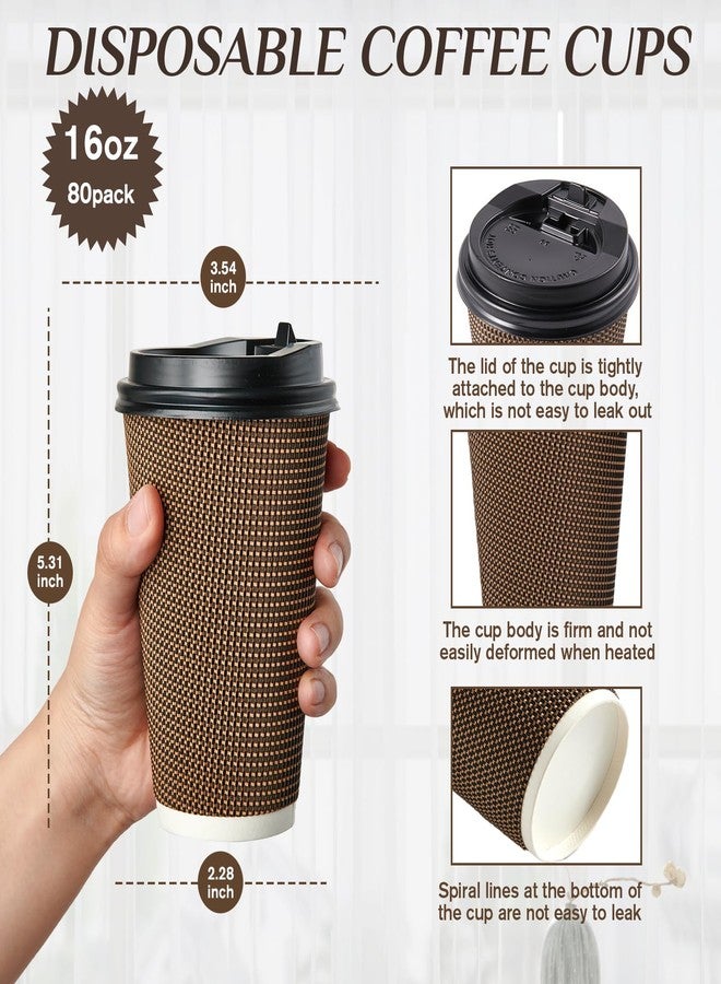 LITOPAK 80 Pack 16 oz Paper Coffee Cups, Insulated Ripple Wall Paper Cups with Lid and Straws, Three Layer Insulated Hot Beverage Cups for Hot Drinks, Coffee Cups for Parties, Picnic, and Travel - Image 2