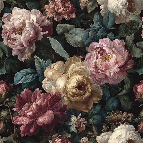 Guvana Dark Floral Peel and Stick Wallpaper Vintage Black Floral Contact Paper Retro Pink Moody Flower Wall Mural Home Vinyl Romantic Removable Renter Friendly Wallpaper for Bathroom Walls 17.3"x78.7" - Image 1