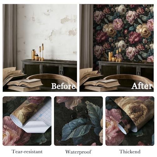 Guvana Dark Floral Peel and Stick Wallpaper Vintage Black Floral Contact Paper Retro Pink Moody Flower Wall Mural Home Vinyl Romantic Removable Renter Friendly Wallpaper for Bathroom Walls 17.3"x78.7" - Image 3