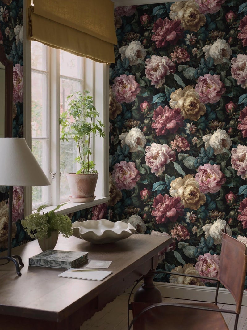 Guvana Dark Floral Peel and Stick Wallpaper Vintage Black Floral Contact Paper Retro Pink Moody Flower Wall Mural Home Vinyl Romantic Removable Renter Friendly Wallpaper for Bathroom Walls 17.3"x78.7" - Image 5