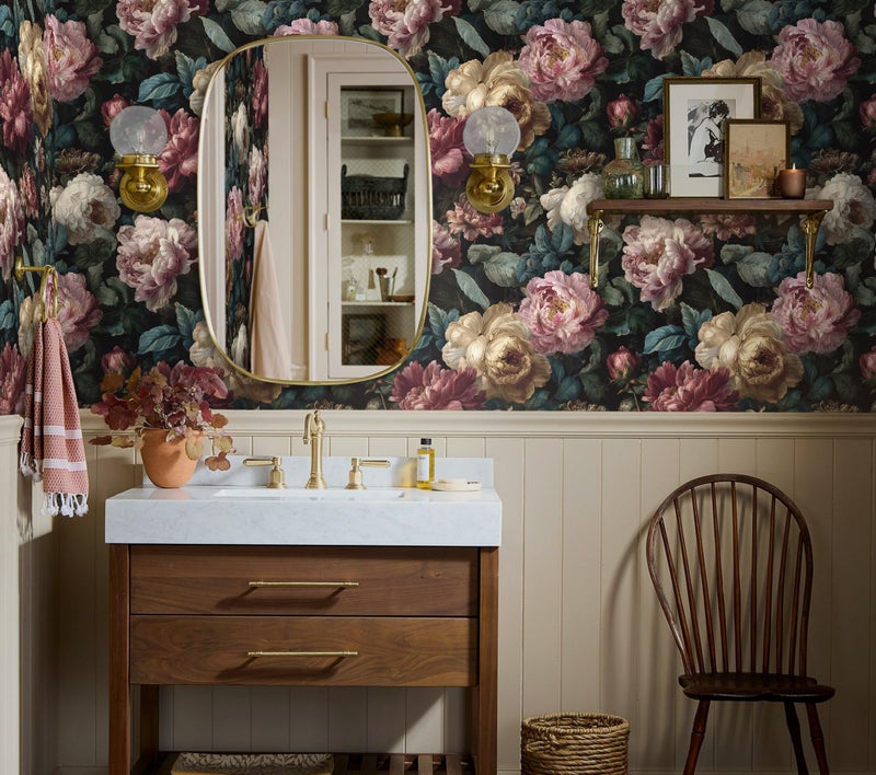 Guvana Dark Floral Peel and Stick Wallpaper Vintage Black Floral Contact Paper Retro Pink Moody Flower Wall Mural Home Vinyl Romantic Removable Renter Friendly Wallpaper for Bathroom Walls 17.3"x78.7" - Image 4