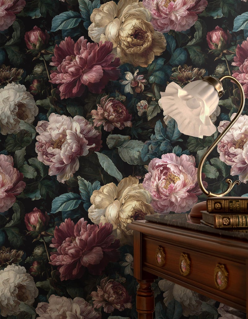 Guvana Dark Floral Peel and Stick Wallpaper Vintage Black Floral Contact Paper Retro Pink Moody Flower Wall Mural Home Vinyl Romantic Removable Renter Friendly Wallpaper for Bathroom Walls 17.3"x78.7" - Image 2