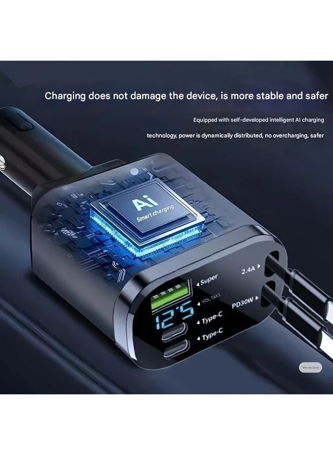 شاحن سيارة مزدوج من نوع USB-C باللون الأسود مع كابل شحن سريع قابل للسحب لكاميرات السيارة وهواتف آيفون وساعة أبل - Image 4