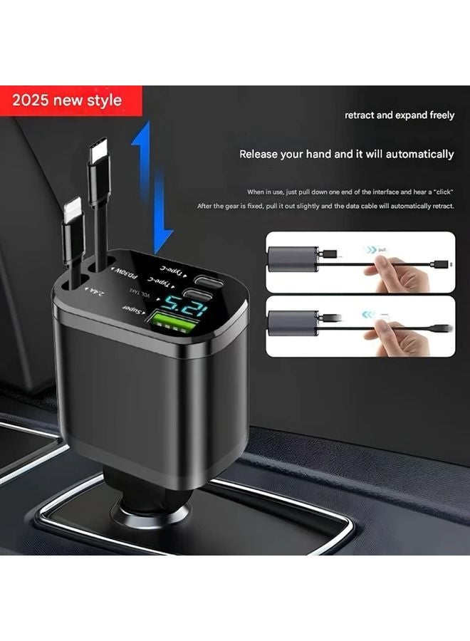 شاحن سيارة مزدوج من نوع USB-C باللون الأسود مع كابل شحن سريع قابل للسحب لكاميرات السيارة وهواتف آيفون وساعة أبل - Image 2