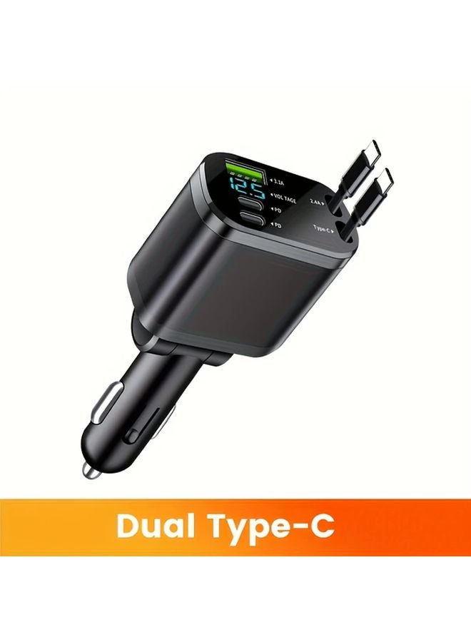 شاحن سيارة مزدوج من نوع USB-C باللون الأسود مع كابل شحن سريع قابل للسحب لكاميرات السيارة وهواتف آيفون وساعة أبل - Image 3