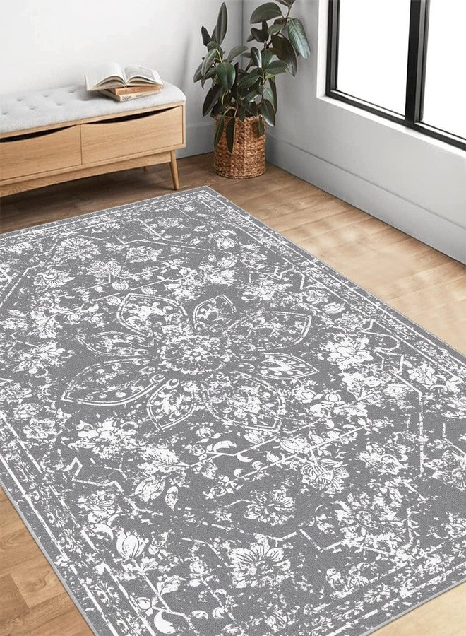 Pauwer Vintage Area Rug 4x6, Distressed Floral Faux Wool Throw Rug, Non Slip Boho Hallway Area Rug, Washable Low-Pile Carpet for Kitchen Living Room Bedroom,(4'x6', Grey) - Image 1