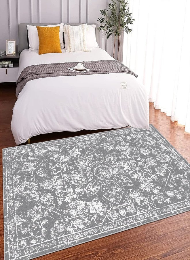 Pauwer Vintage Area Rug 4x6, Distressed Floral Faux Wool Throw Rug, Non Slip Boho Hallway Area Rug, Washable Low-Pile Carpet for Kitchen Living Room Bedroom,(4'x6', Grey) - Image 4