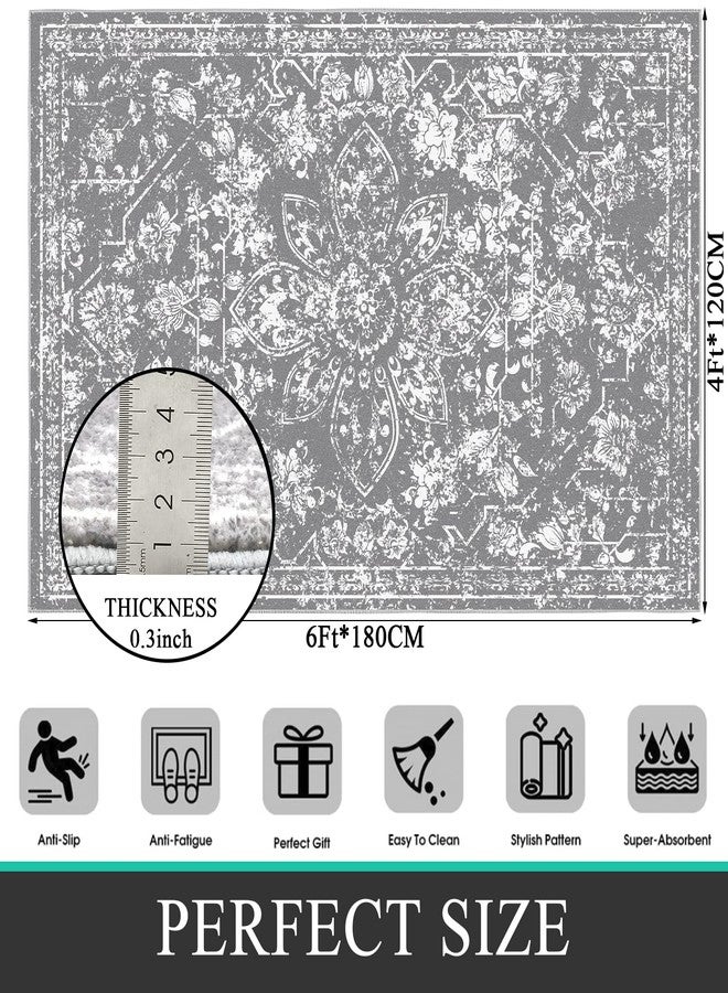 Pauwer Vintage Area Rug 4x6, Distressed Floral Faux Wool Throw Rug, Non Slip Boho Hallway Area Rug, Washable Low-Pile Carpet for Kitchen Living Room Bedroom,(4'x6', Grey) - Image 5