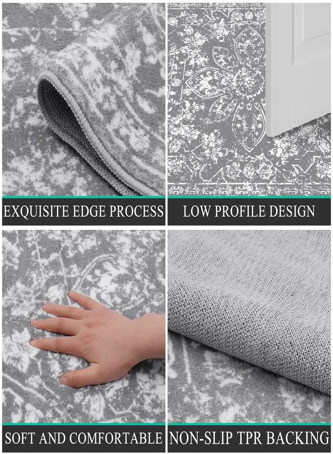 Pauwer Vintage Area Rug 4x6, Distressed Floral Faux Wool Throw Rug, Non Slip Boho Hallway Area Rug, Washable Low-Pile Carpet for Kitchen Living Room Bedroom,(4'x6', Grey) - Image 3
