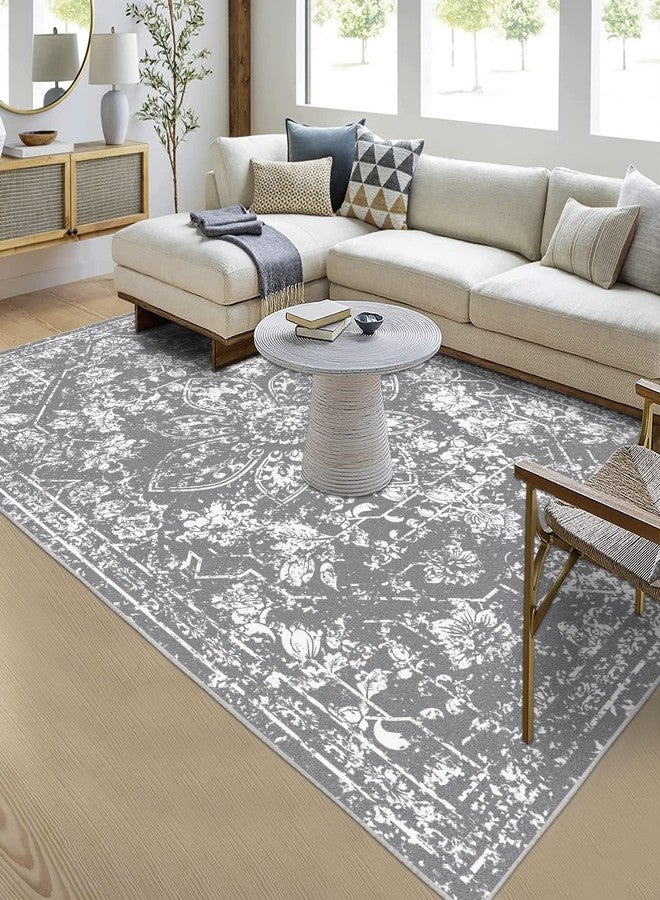 Pauwer Vintage Area Rug 4x6, Distressed Floral Faux Wool Throw Rug, Non Slip Boho Hallway Area Rug, Washable Low-Pile Carpet for Kitchen Living Room Bedroom,(4'x6', Grey) - Image 2