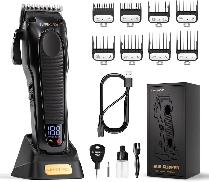 SUPRENT PRO Professional Hair Clippers for Men High Torque Brushless Motor DLC Coated Detachable Blade Cordless Hair Clipper Kits for Barbers with Charging Base Premium Gift Hair Clipper Set