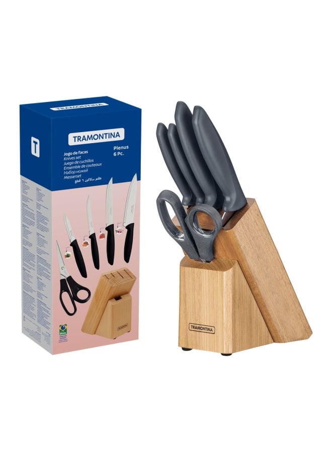 TRAMONTINA Tramontina Knives Set 6 Pcs Stainless Steel blades with ergonomic polypropylene handles & Block, dishwasher Safe