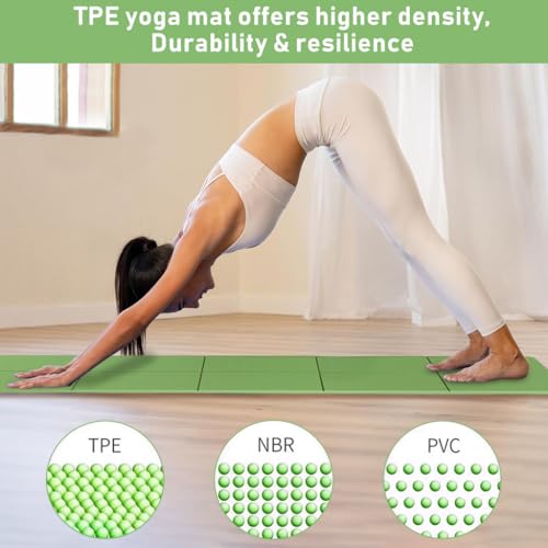 Proberos® Portable Folding Yoga Mat with Carry Bag TPE Yoga Mat Anti-slip 5mm Thicken Fitness Yoga Mats for Men Women Pilates Mat for Home Workout, Gym, Travel, 72x24 inches, Green - Image 3