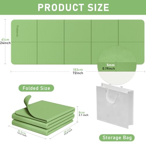 Proberos® Portable Folding Yoga Mat with Carry Bag TPE Yoga Mat Anti-slip 5mm Thicken Fitness Yoga Mats for Men Women Pilates Mat for Home Workout, Gym, Travel, 72x24 inches, Green - Image 2