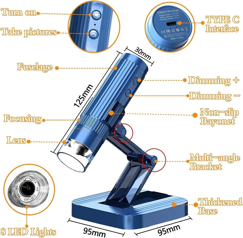 ETZIN USB Digital Microscope,50X-1000X Magnifying Coin Micros-cope,Handheld Pocket Mic-roscope Adults, HD Microsco-pe Camera, 8 LED Lights AdjustableBlue, USB. - Image 3