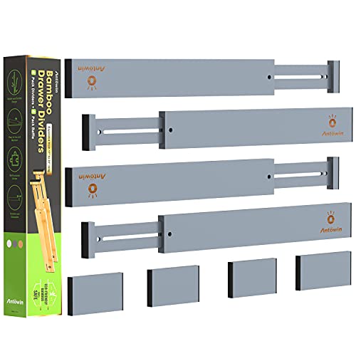 ANTOWIN Bamboo Drawer Dividers Organizers, Expandable Drawer Separators Splitter,17-22 inches Long Adjustable Spring-loaded Organizer for Large Utensil, Clothes, Tools Drawers (Grey) - Image 1