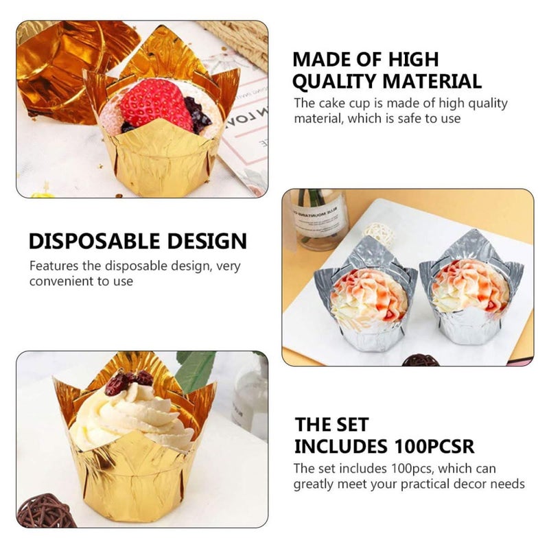 Disposable Tulip Cake Cups 100pcs Aluminized Greaseproof Oven Safe Baking Holders - Image 4
