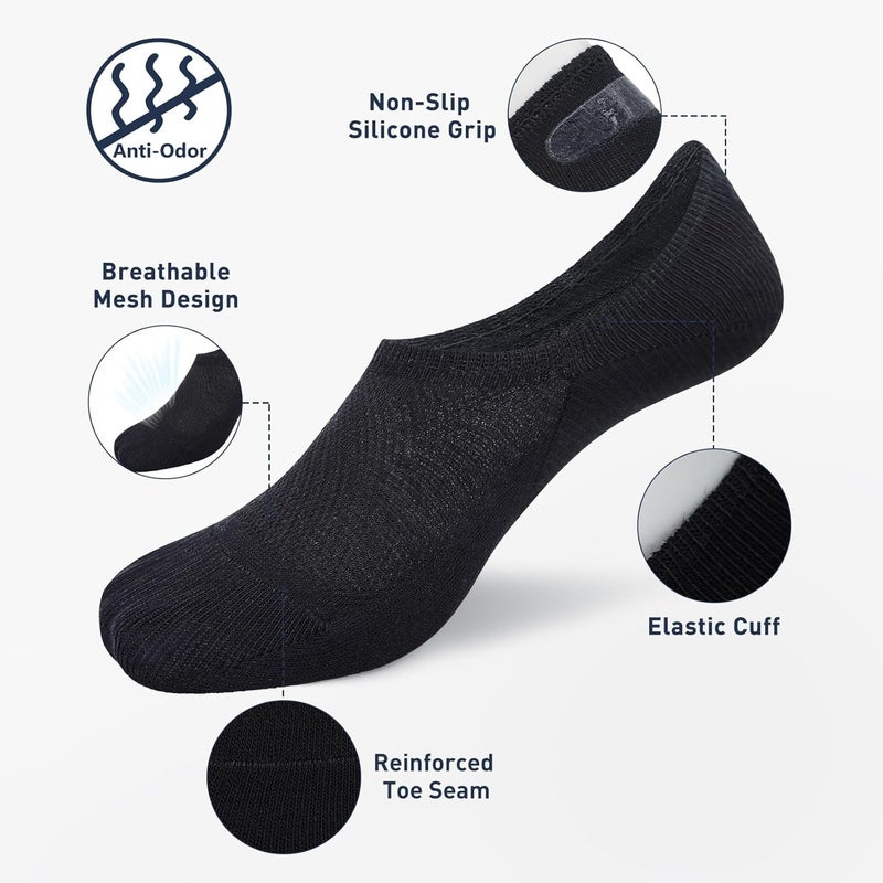SIXDAYSOX Black Mens No Show Socks 6 Pairs Invisible Low Cut Non Slip Ondo Short for Loafer Sneakers Casual Shoe Size 5-11, 6 Pure Black - Image 2
