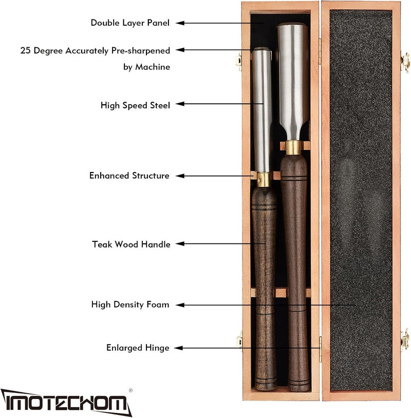 IMOTECHOM 2-Pieces HSS Roughing Gouge Lathe Chisel Set Wood Turning Tools with Wooden Box, 1-Inches and 2-Inches - Image 2