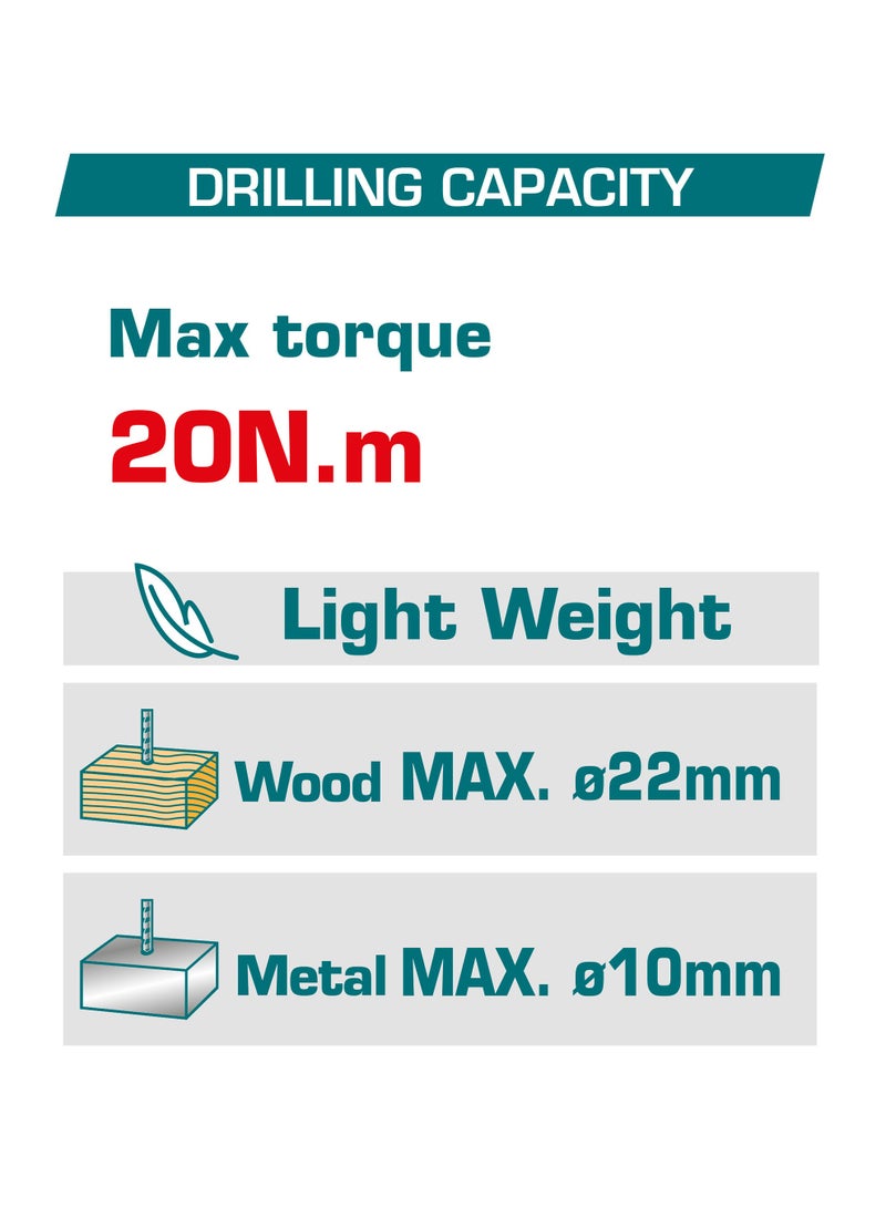 TOTAL 12V Compact Cordless Drill Driver Set - 2-Speed Power Drill (20Nm) with 15+1 Torque Settings, 2x 1.5Ah Batteries, USB Type-C Charging & Carrying Case - TDLI12206 - Image 2