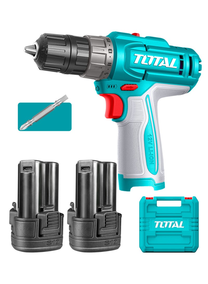 TOTAL 12V Compact Cordless Drill Driver Set - 2-Speed Power Drill (20Nm) with 15+1 Torque Settings, 2x 1.5Ah Batteries, USB Type-C Charging & Carrying Case - TDLI12206 - Image 1