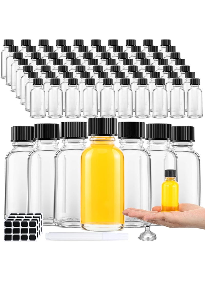 Hsei Hsei 1 oz Glass Bottle with Black Cap Clear Sample Boston Round Bottle Small Glass Containers with Lids and Funnel Chalk Labels Pen for Vanilla Extract Essential Oils(72 Pcs, 6 Sheet) 